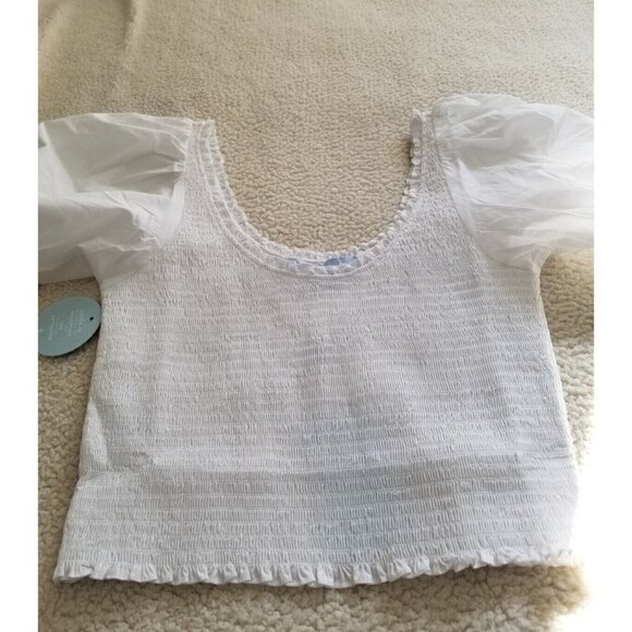 Hill House The Aiko Top Crop Smocked Short Balloon Sleeve Scoop Neckline White L - Picture 1 of 8